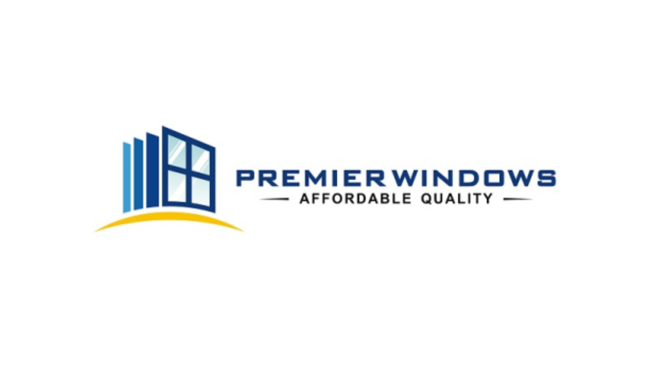A logo shows an illustration to the left of a stack of blue windows, underlined with a yellow line. The text on the right reads Premier Windows in Blue, with the words Affordable Quality in black underneath.