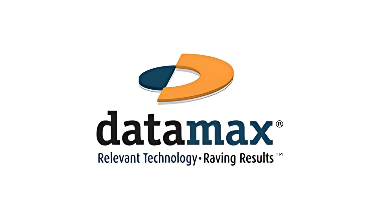 Logo of Datamax featuring a stylized orange and navy swoosh icon above the company name “datamax,” with the tagline “Relevant Technology · Raving Results™” displayed below.