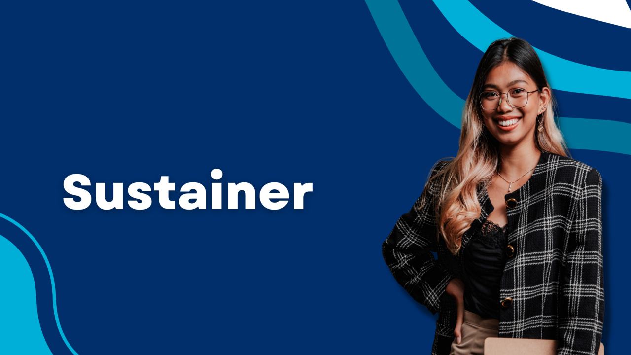 A young ethnic woman is smiling and standing next to the word "sustainer".