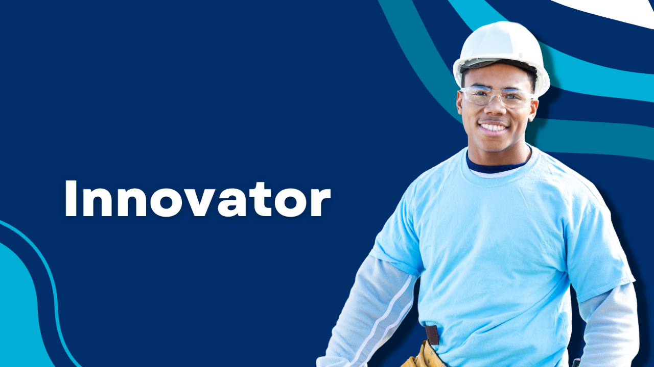 A young black man in construction safety gear stands next to the word "innovator".