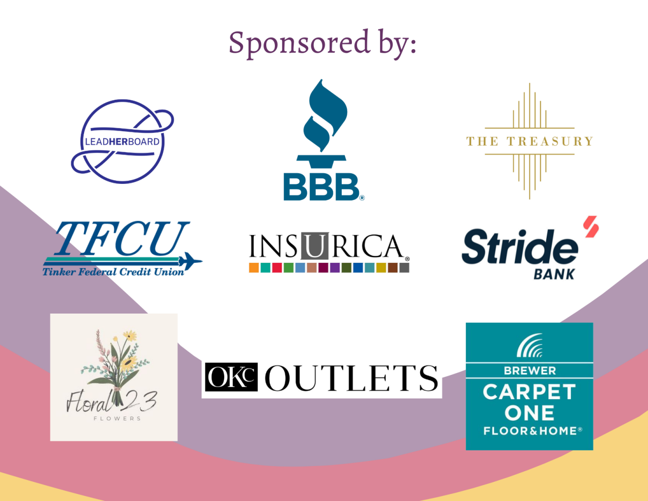 Sponsors for 2024 Revere and Revel conference. Insurica, MidFirst Bank, Stride Bank, Legacy Cleaners, Brewer Carpet One, Regent Bank, Brooke Unruh