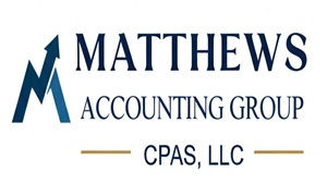 Gold Sponsor Logo with white background and a blue M to the left side and on the right side Matthews Accounting Group CPAS, LLC in blue