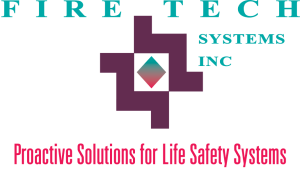 Turquoise letters Fire Tech Systems Inc with purple design and red lettering Proactive Solutions for Life Safety Systems underneath 