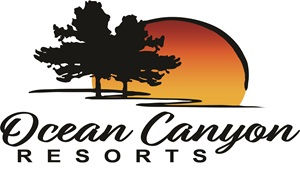 Image-Logo for Ocean Canyon Resorts with trees and a setting sun. Silver Sponsor for the 13th Texarkana Torch Awards