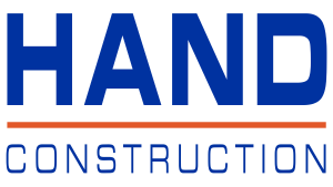 Logo in blue with HAND above an orange line and Construction below