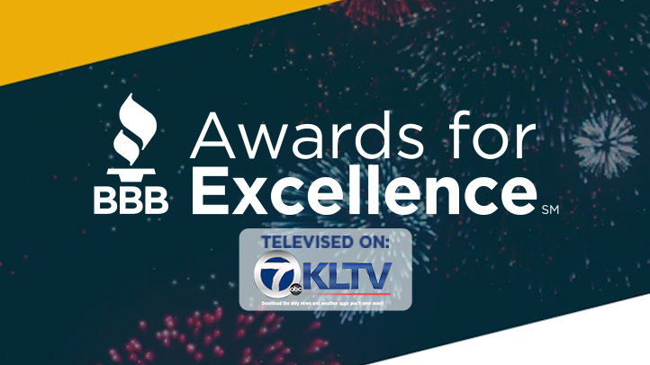 BBB East Texas Awards For Excellence 2023 on blue abstract background with sponsors