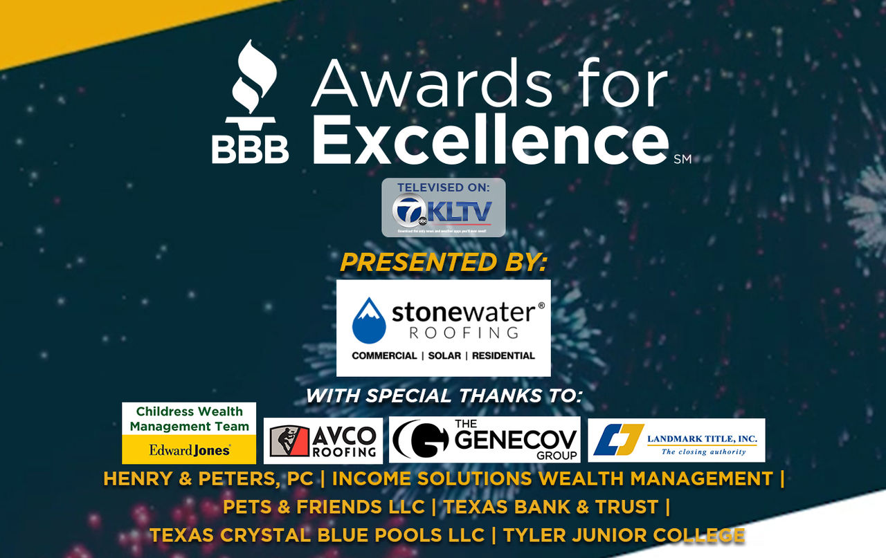 BBB East Texas Awards For Excellence 2023 on blue abstract background with sponsors