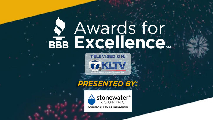 BBB awards for excellence logo over a firework background presented by stonewater roofing
