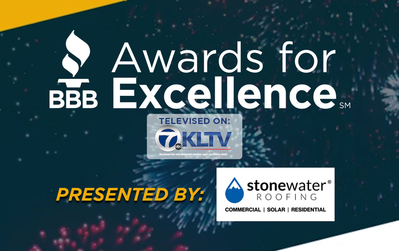 BBB awards for excellence logo over a firework background with sponsors