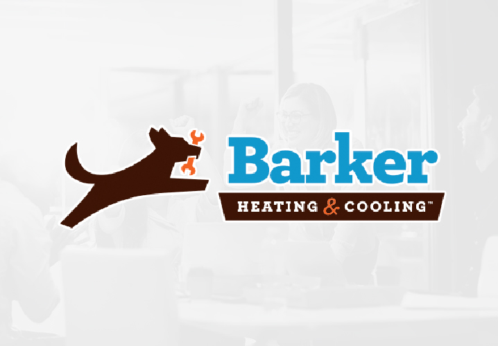 Gray image of business people celebrating with overlay of Barker Heating & Cooling logo overlayed