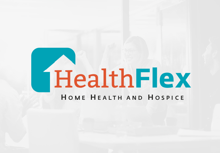 Gray image of business people celebrating with overlay of Health Flex logo overlayed
