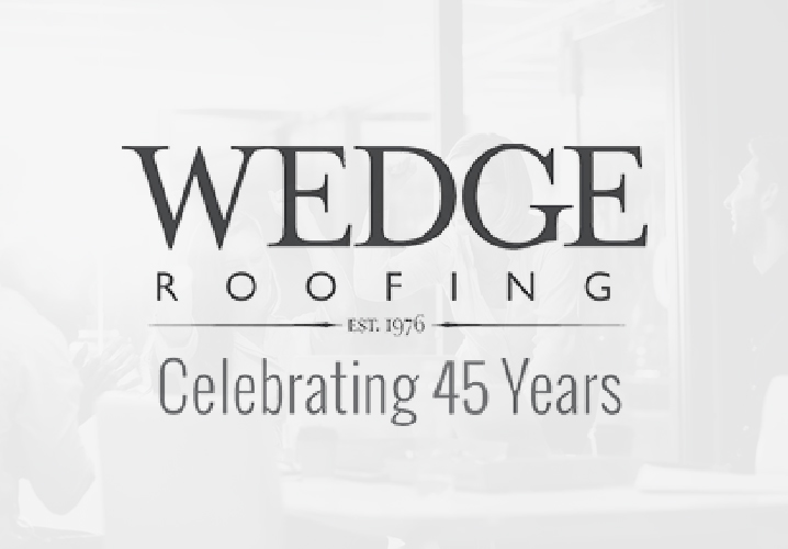 Gray image of business people celebrating with overlay of Wedge Roofing logo overlayed