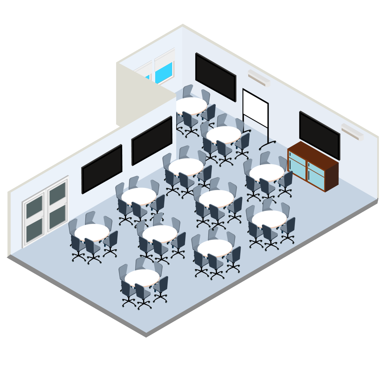 false top-down isometric graphic of maricopa room featuring many round tables and tv screens on the wall