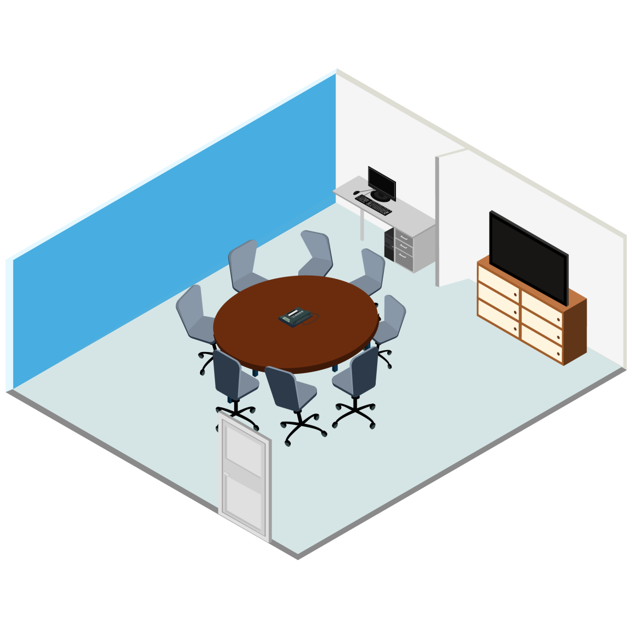 false top-down isometric graphic of coconino room featuring a single round table and large television in the corner and whiteboard wall