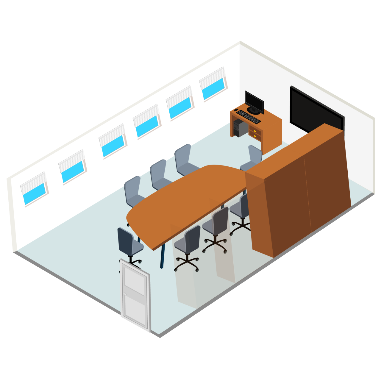 false top-down isometric graphic of yuma room featuring a conference table and a television screen