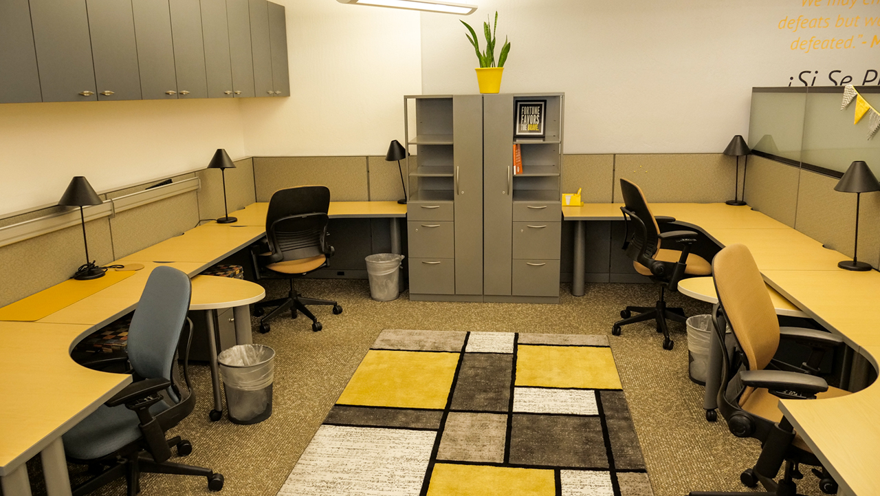 sectioned off area with several open desks, filing cabinets, and decorative rug