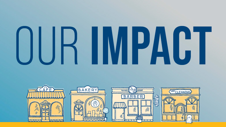 Image with drawings of local businesses and text reading Our Impact