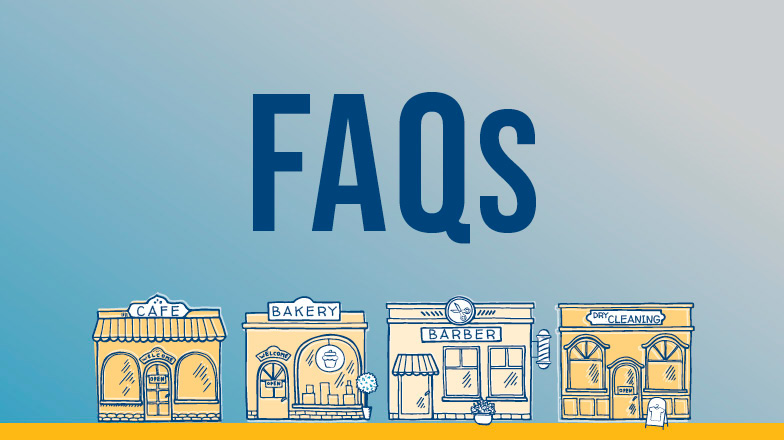 Image with drawings of local businesses and text reading FAQs