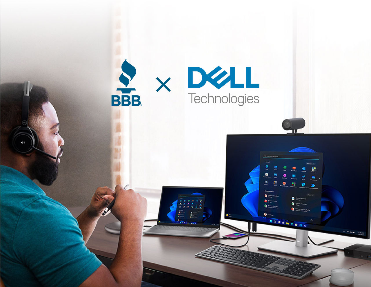 Man with Dell computers and BBB logo and Dell Technologies logo