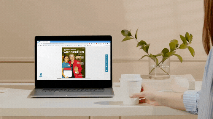 Gif of woman drinking coffee while looking a screen with the latest Northern California Connection Magazine flipping through pages