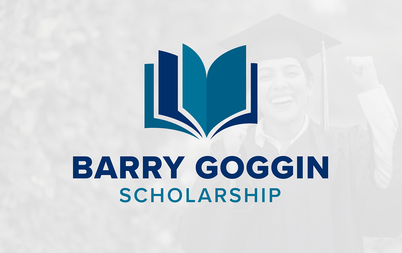 Barry Goggin Scholarship logo on a grayed out image of gradute fist pumping
