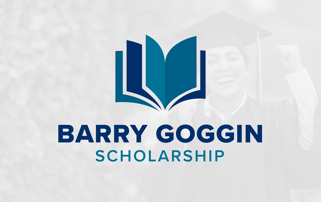 Barry Goggin Scholarship logo on a grayed out image of gradute fist pumping
