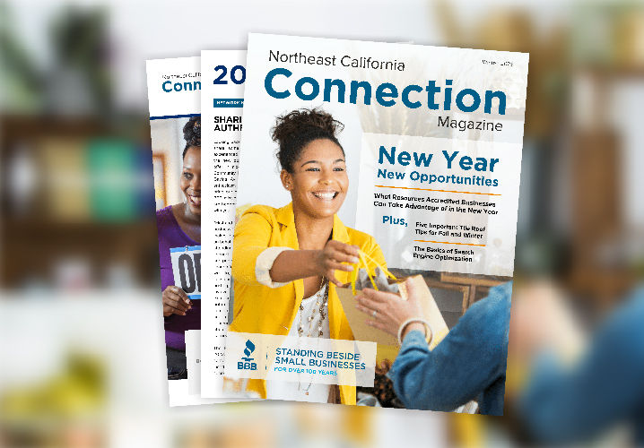 Pages from the Northeast California Connection Magazine fanned out over a blurred background
