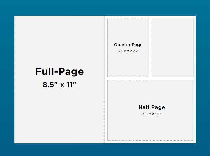 Mockup of size specs for quarter, half and full page ads in the Northeast California Connection Magazine