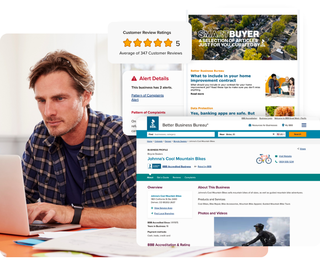 SmartBuyer newsletter, BBB business profile, man on computer.