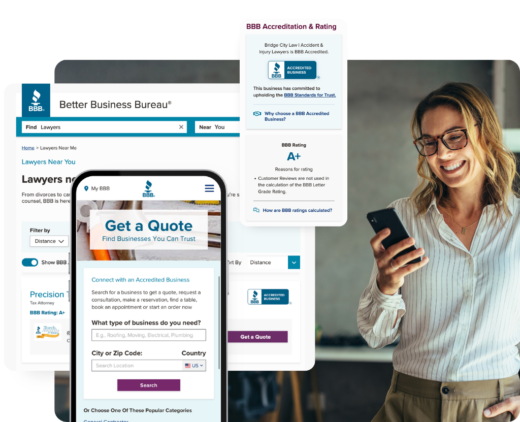 Woman on phone with screenshots of finding a trusted business on BBB