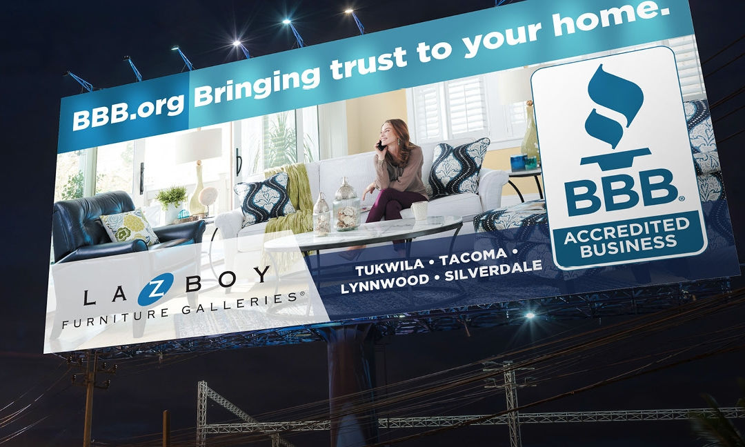 BBB branded billboard that says "BBB.org bringing trust to your home"