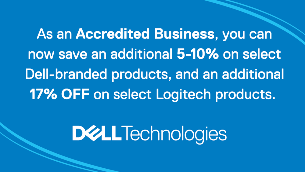 As an Accredited Business, you can now save an additional 5-10% on select Dell-branded products, and an additional 17% OFF on select Logitech products. Dell Technologies logo.