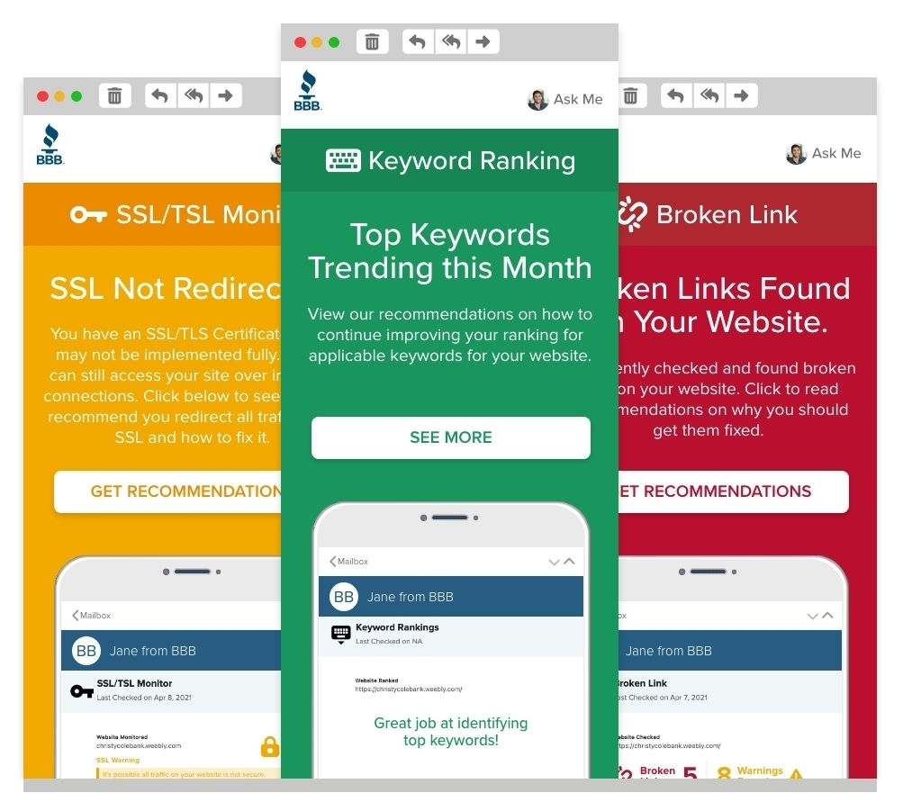 Three screenshots of emails showing yellow, green, and red notifications about fixing broken things on websites.