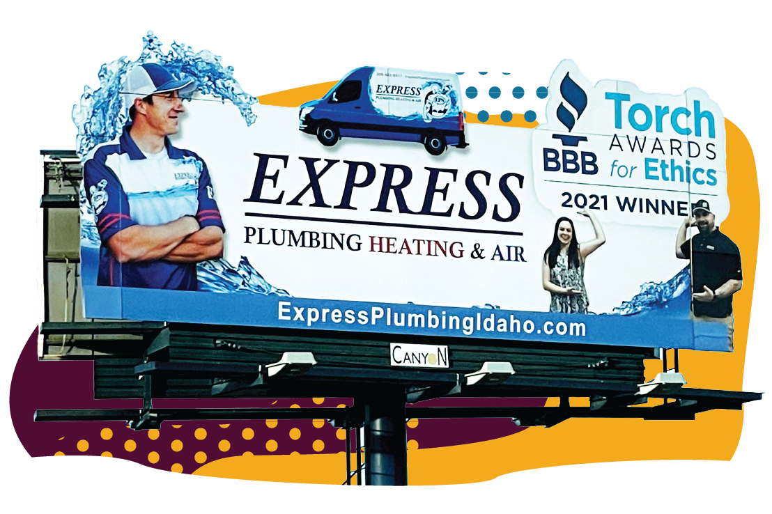 Billboard for a plumbing and heating business. Billboard shows that this business is a winner of the Torch Awards 2021.
