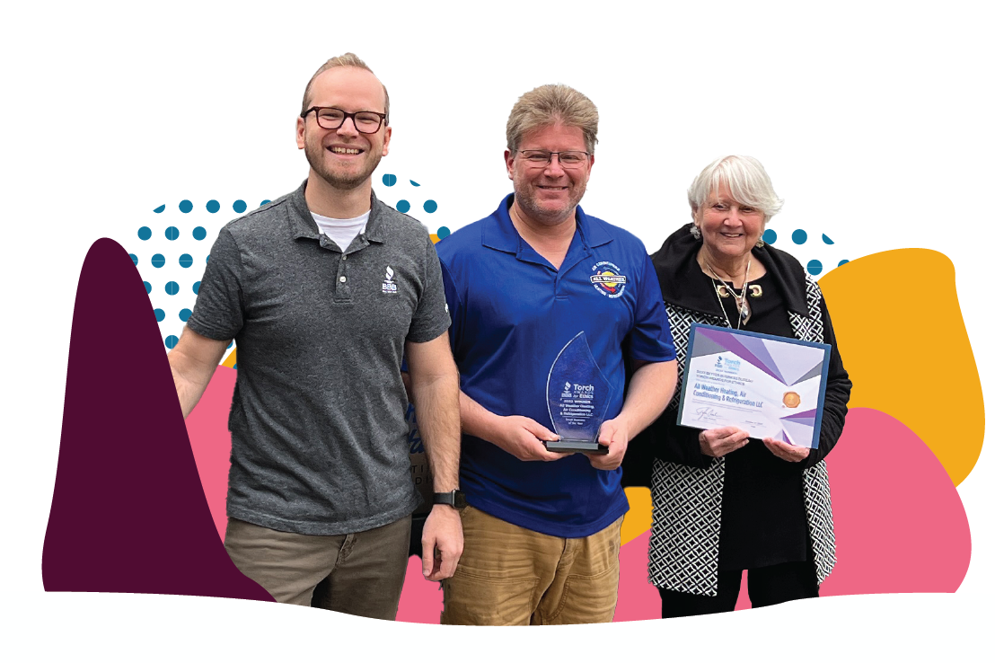 Three people receiving an award. Colorful blob background.